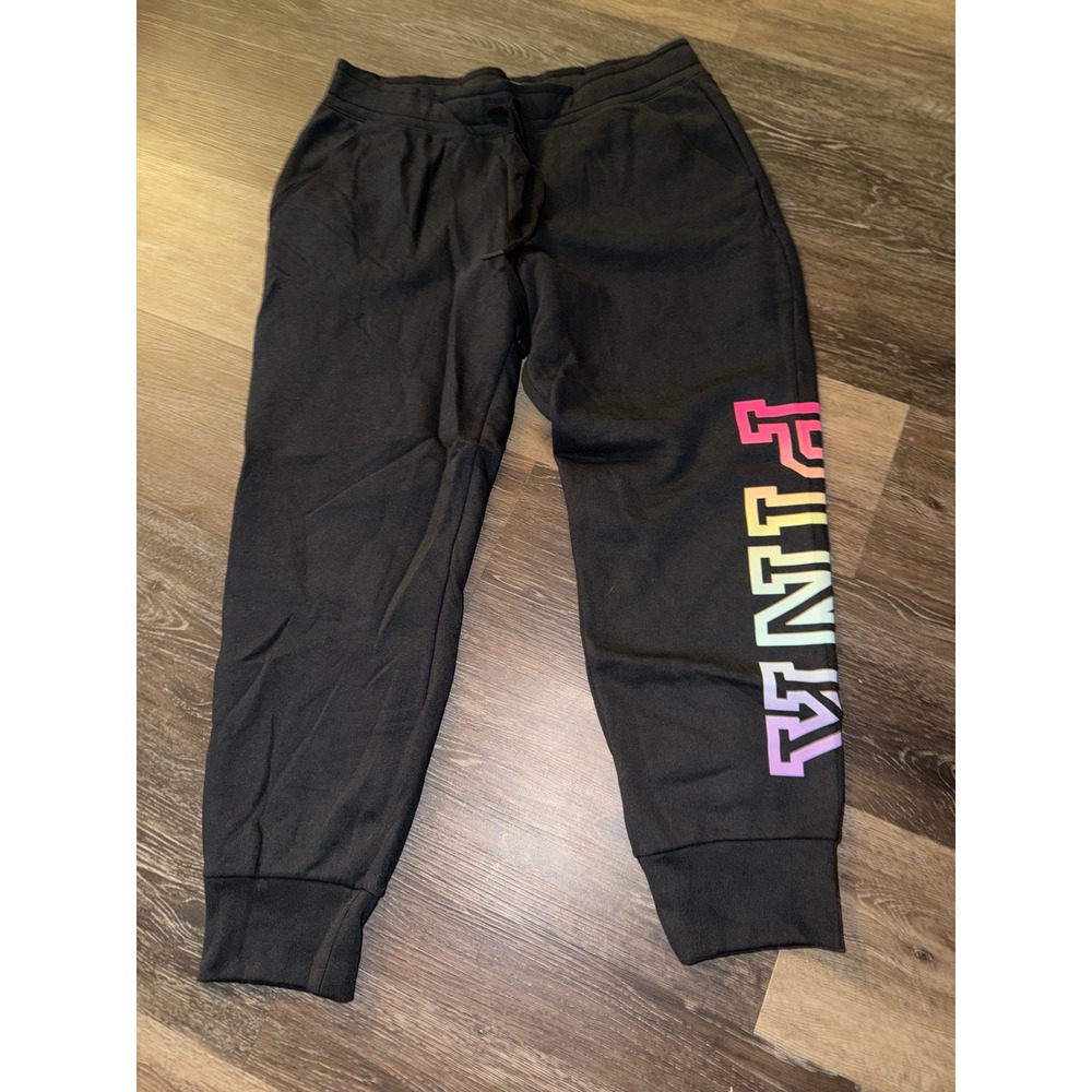 Victoria's Secret PINK Black Rainbow Logo Jogger Sweatpants Large‎ L Fleece